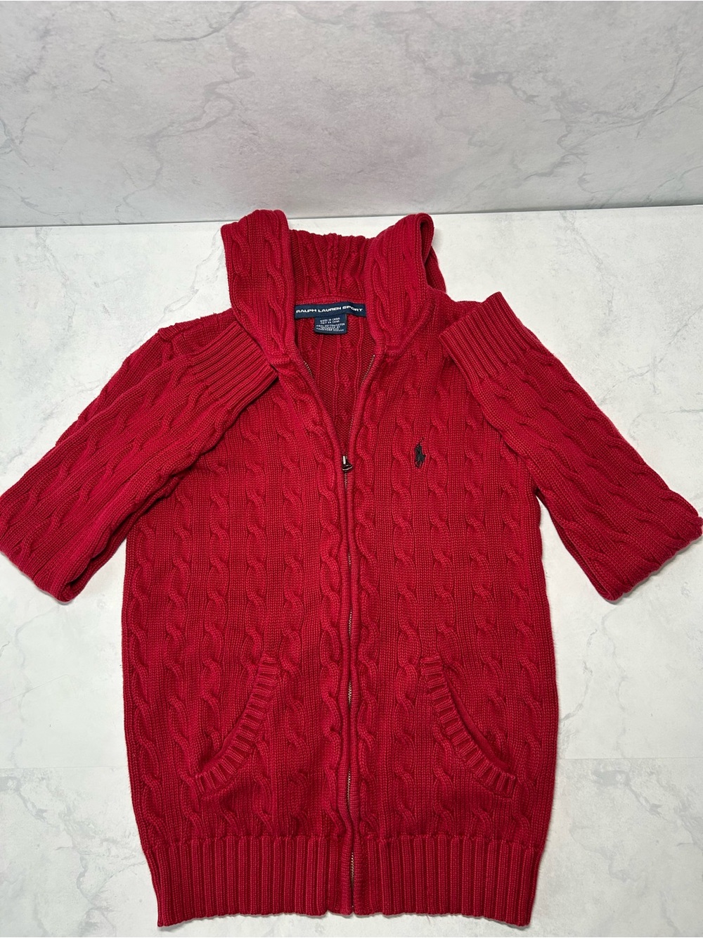 Ralph Lauren Sport Women’s S Red Cable Knit Full Zip Hooded Sweater Cotton